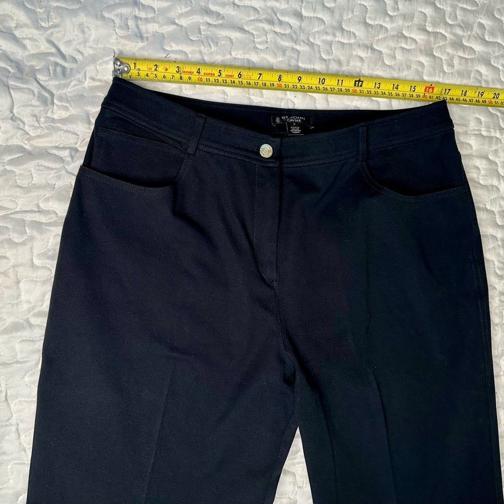 St. John Caviar Black Straight-Leg Pants Stretch Cotton Gold Hardware Size 12 - Picture 10 of 11